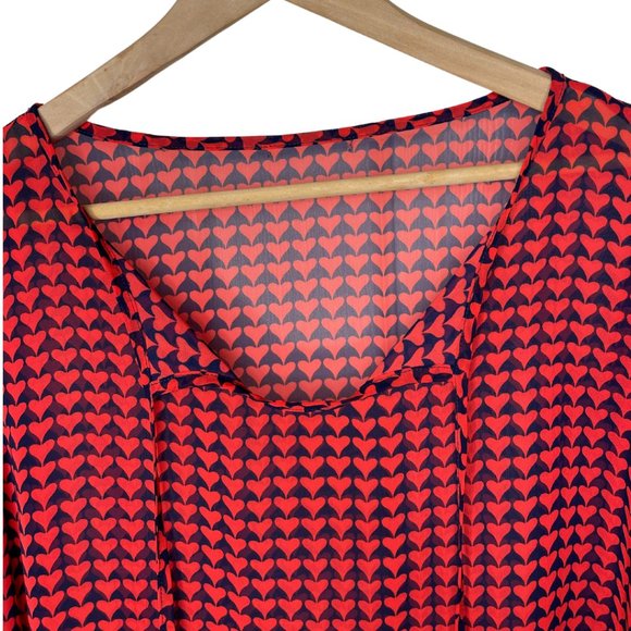 PLEIONE | Sheer Red and Blue Heart Print Blouse with 3/4 Sleeves | Size L - Picture 3 of 7